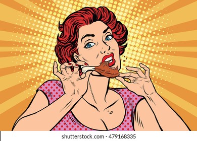 Woman Eating A Chicken Leg, Pop Art Retro Comic Book Illustration. Restaurant And Fast Food, Homemade Food