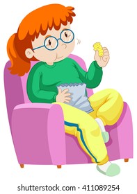 Woman eating chips on sofa illustration