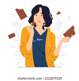 Woman eating chocolate concept illustration