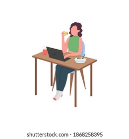 Woman eating at computer desk flat color vector faceless character. Dinner break. Girl at laptop table with food. Busy with work isolated cartoon illustration for web graphic design and animation