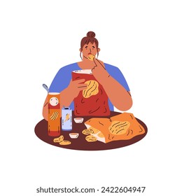 Woman eating crisps and soda, fast junk food, unhealthy fat snacks. Hungry addiction character and gluttony, eating disorder, bad eating habit. Vector illustration isolated on white