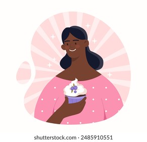 Mujer comiendo magdalenas. Joven con magdalena en la mano. Productos de pastelería y pastelería. Comer poco saludable y alimentos azucarados. Postre y delicadeza. Ilustración vectorial de dibujos animados aislada sobre fondo blanco