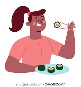woman eating a delicious sushi isolated