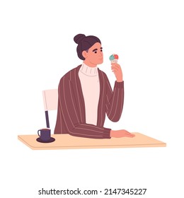 Woman eating dessert, enjoying ice cream in waffle cone. Person sitting at table with coffee cup and icecream. Female with drink and sweet food. Flat vector illustration isolated on white background