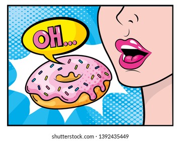 woman eating donut with oh pop art message