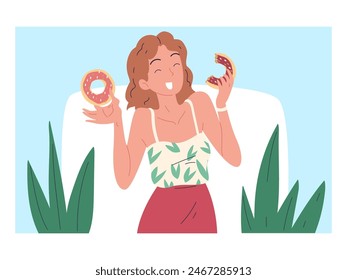 Woman eating donuts. Girl hungry teenager eat sweet doughnut sugar snack, eating sweets food satisfied donut diet calories overeating stress disorder vector illustration