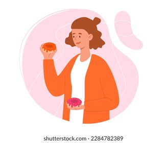 Woman eating donuts. Young girl with dessert and delicacy in her hands. Delicious but unhealthy sweet and sugar food. Junk eating with calories. Cartoon flat vector illustration