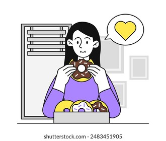 Woman eating donuts. Young girl with dessert and delicacy. Person with chocolate pastry. Homemade candy and bakery. Takeaway eating. Linear flat vector illustration isolated on white background