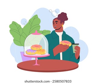 Woman eating donuts. Young girl with pastry and bakery products. Donuts in pink and orange glaze. Desserts and delicacies. Tasty and sweet snack. Flat vector illustration