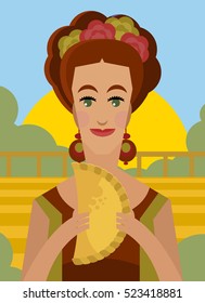 woman eating an empanada
