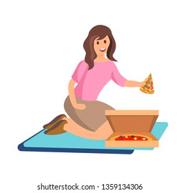 Woman Eating Fast Food on Picnic Flat Illustration. Cartoon Girl Holding Pizza with Meat Flavour. Female Vector Character Offering Margarita Slice. Lady Having Lunch Break on Nature