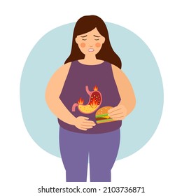 Woman Eating Food And Feel Pain In Stomach Concept Vector Illustration. Stomach Acid And Digestive System Problem. Gastritis Acid Reflux.