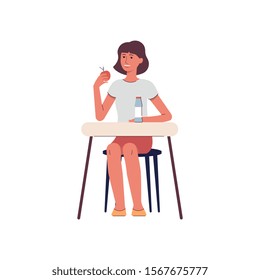 Woman eating food sitting at a small desk - happy female cartoon character having an apple snack and yogurt bottle for lunch break - isolated flat vector illustration