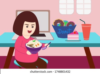 Woman eating food while sitting to work at home. There are coffee desserts cakes under concept quarantine for Coronavirus or Covid-19  but must control fat, vector illustration