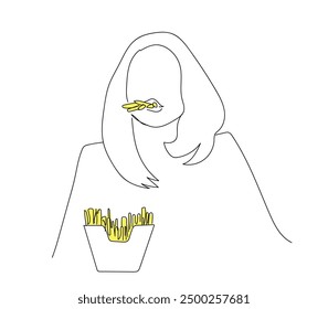 Woman eating french fries potato chips. One line art of junkfood snack complementary food vector illustration. Fast food minimalist concept 