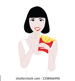 Woman eating French fries vector