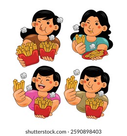 Woman eating French Fries vector illustration