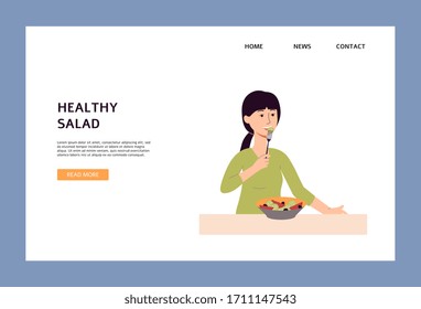 Woman eating fresh salad - flat banner template with girl on healthy diet eating vegetables from bowl and smiling. Vector illustration.