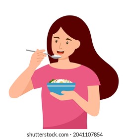 Woman eating fried rice using spoon in flat design on white background. Asian lunch meal.