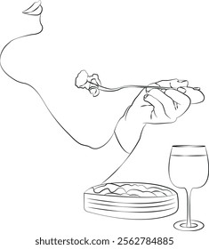 Woman eating with a glass of wine. Silhouette. Illustrator, vector. Black and white