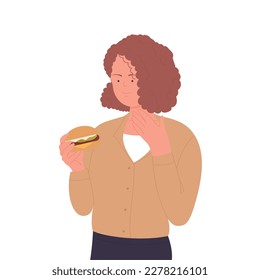 Woman eating hamburger. Fast food consumer, cheeseburger lover vector illustration