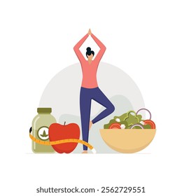 Woman eating healthy and exercising regularly to lose weight, Health care, balanced nutrition
