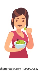 Woman eating healthy food. Girl eats meal. Hungry female character with bowl with grape, lunch or dinner time promotion vegan cafe and restaurant, cartoon flat vector isolated illustration