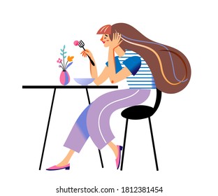 Woman eating healthy food. Happy cartoon character eating meal from plate with fork for lunch, breakfast or dinner in canteen, cafe or at home. Lifestyle vector illustration.