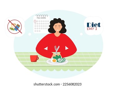 Woman eating healthy food on diet, healthy lifestyle concept, fast food vs healthy food, flat vector illustration