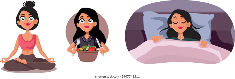 
Woman Eating Healthy, Sleeping and Exercising Vector Illustration. Cheerful girl being well fed and rested following health routine
