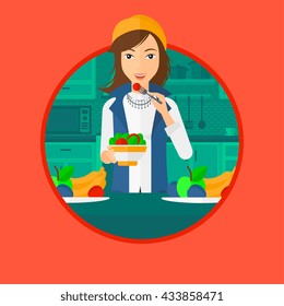 Woman eating healthy vegetable salad. Woman eating fresh vegetable salad at home. Woman holding bowl full of salad in the kitchen. Vector flat design illustration in the circle isolated on background.