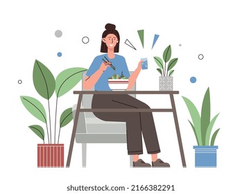 Woman eating at home. Young girl with salad and water. Vegetarian, healthy food and dish with vitamins. Quality restaurant or cafe. Proper nutrition or diet. Cartoon flat vector illustration