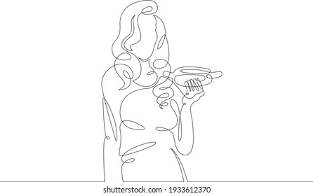 Woman eating hot dog with sausage. The girl is eating food. Woman eating. Portrait of the character of the food. One continuous drawing line  logo single hand drawn art doodle isolated minimal