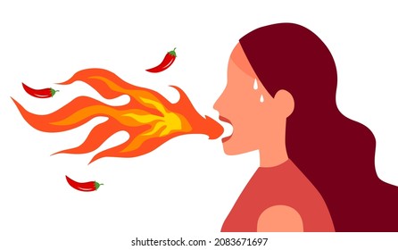 Woman eating hot spicy food concept vector illustration on white background. Red hot flame come from female mouth in flat design.