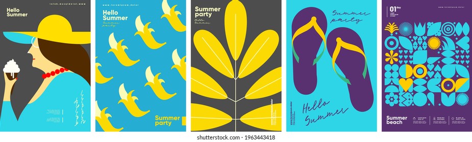 Woman eating ice cream, background bananas, leaves, flip-flops, summer pattern. Set of vector illustrations. Abstract vector background patterns. Perfect background for posters, cover art, flyer.
