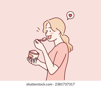 woman eating ice cream from a cup. Hand drawn style vector design illustrations.