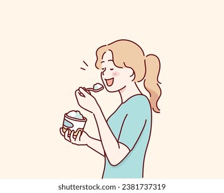 woman eating ice cream from a cup. Hand drawn style vector design illustrations.