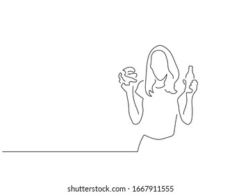Woman eating isolated line drawing, vector illustration design. Food collection.