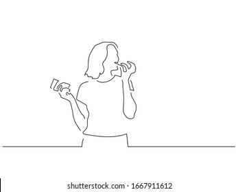 Woman eating isolated line drawing, vector illustration design. Food collection.