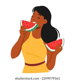 Woman Eating Juicy Watermelon at Hot Summer Day. Female Character Smile With Delight, Savoring The Sweet, Refreshing Taste Of The Fruit Isolated on White Background. Cartoon People Vector Illustration