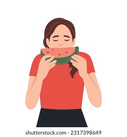 Woman Eating Juicy Watermelon at Hot Summer Day. Female Character Smile With Delight, Savoring The Sweet, Refreshing Taste Of The Fruit. Flat vector illustration isolated on white background