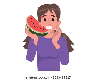 Woman Eating Juicy Watermelon at Hot Summer Day. Female Character Smile With Delight, Savoring The Sweet, Refreshing Taste Of The Fruit Isolated on White Background. Cartoon People Vector Illustration