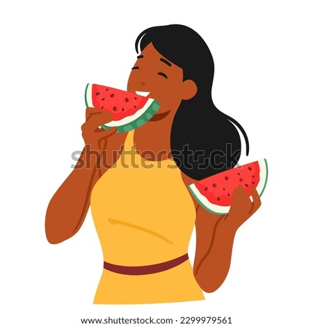 Woman Eating Juicy Watermelon at Hot Summer Day. Female Character Smile With Delight, Savoring The Sweet, Refreshing Taste Of The Fruit Isolated on White Background. Cartoon People Vector Illustration