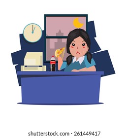 Woman eating junk food and soda at work. working late night - vector illustration