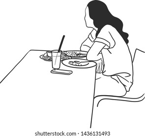 A woman is eating a lone while waiting and she's looking in nowhere.