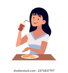 woman eating a lunch illustration isolated