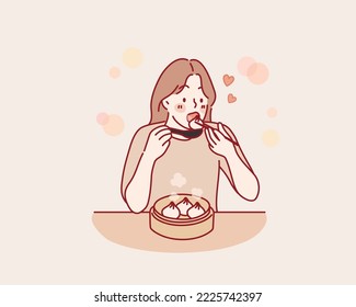 mujer comiendo bolas de carne. Ilustraciones de diseño vectorial de estilo dibujado a mano.