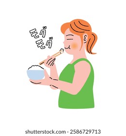 Woman eating mooch white rice seen from the side