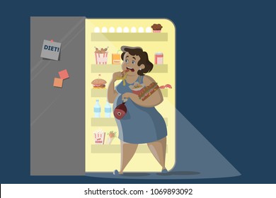 Woman eating at night near the fridge.