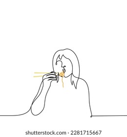 woman eating noodles with chopsticks - one line drawing vector. concept eat asian food